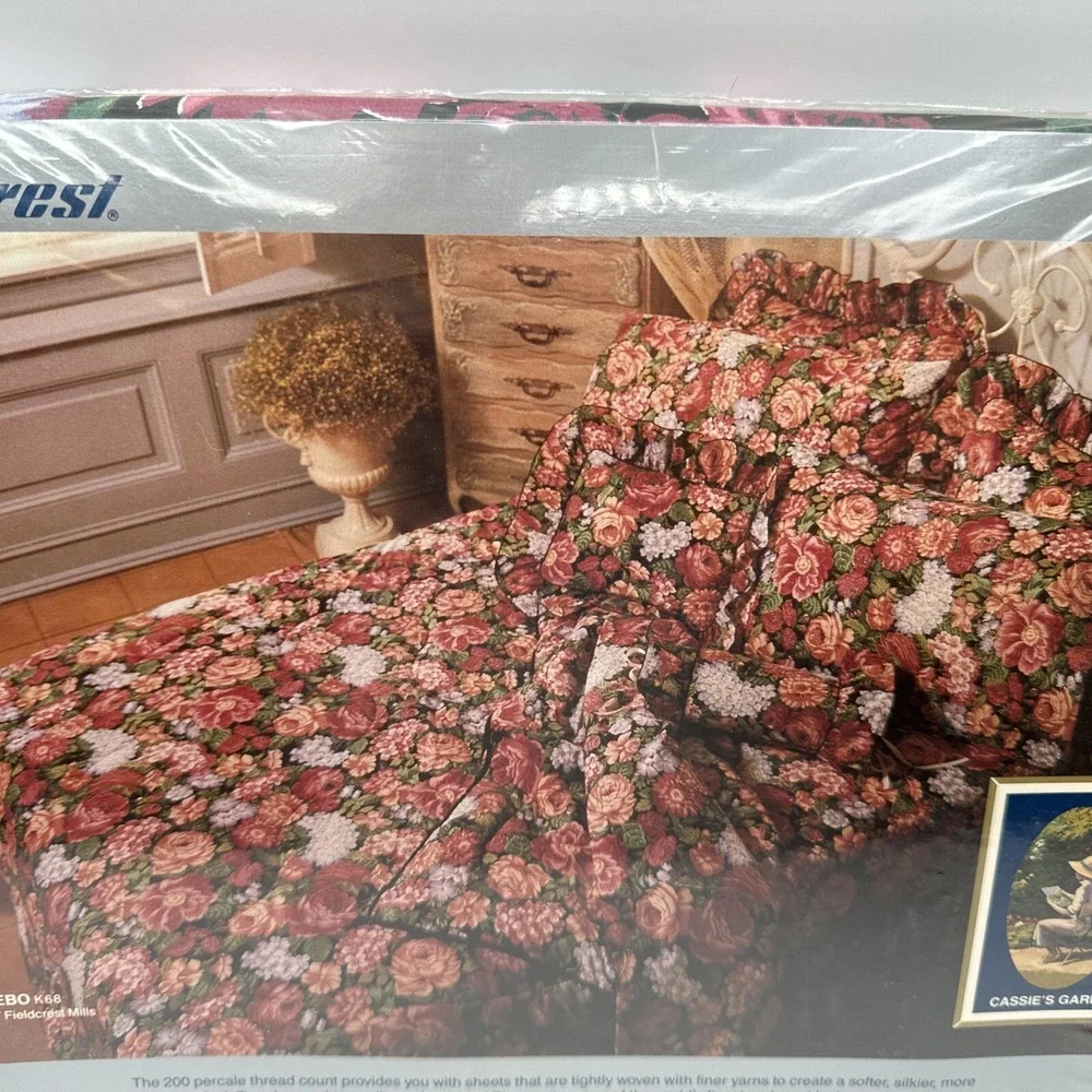 Fieldcrest Flat Sheet Twin Size Vintage 80s Floral Cottagecore Gazebo Pima Cotto